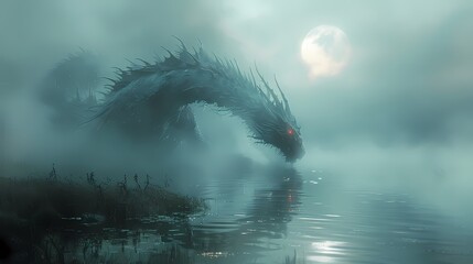 A mythical creature emerging from the depths of a mist-covered lake, its iridescent scales shimmering in the moonlight - obrazy, fototapety, plakaty