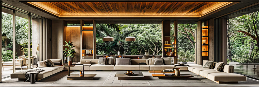 Modern Living Room with Elegant Furniture and Outdoor Views, Perfect for Luxury Living and Entertainment