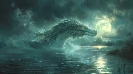 A mythical creature emerging from the depths of a mist-covered lake, its iridescent scales...