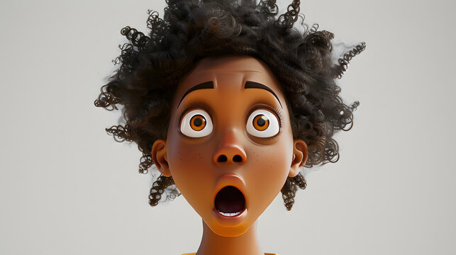 Surprised shocked scared African cartoon character young adult woman female girl person with big eyes in 3d style design on light background. Human people feelings expression concept