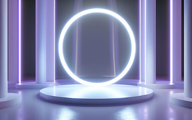 Futuristic gaming sci-fi tech stage platform podium with circle neon light for product display.