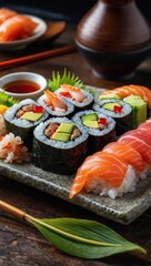 Japanese sushi still life, sashimi and maki rolls, summer mood.