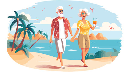 Senior couple walking on beach vector illustration.