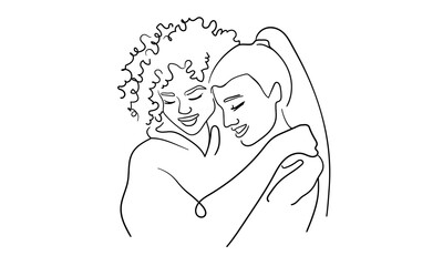 Two girlfriends hugging isolated on white background. Friendship line art drawing. Vector illustration