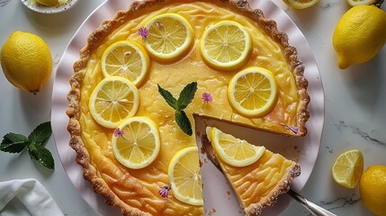   A lemon pie atop a pristine white plate, sliced, surrounded by whole lemons