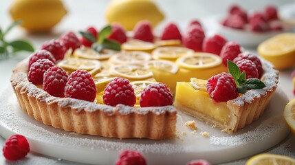   A lemon tart garnished with raspberries and lemon slices on a plate Accompanying lemons and raspberries add to the presentation