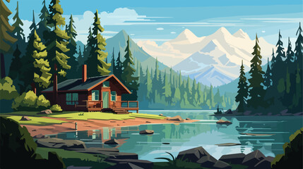 Serene lakeside cabin surrounded by tall pine trees - obrazy, fototapety, plakaty