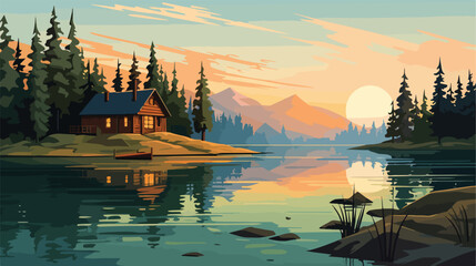 Serene lakeside cabin surrounded by tall pine trees - obrazy, fototapety, plakaty