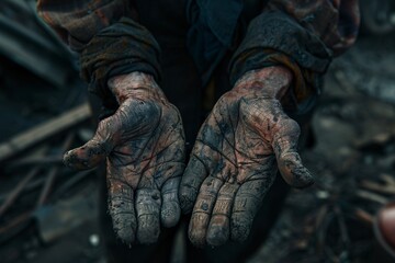 A detailed view of a persons hands covered in dirt. 