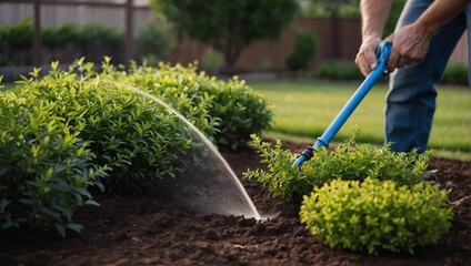 Landscaper watering newly planted shrubs in a garden for growth, Garden Care, Shrubs, Close-up Shot, Outdoors.