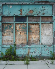 Abandoned and Weathered Storefront with Peeling Paint and Overgrown Weeds Capturing the Decay of a Once-Bustling Commercial Space