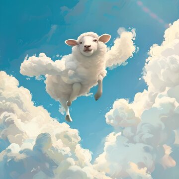 A sheep with cloud wings is flying in the sky.