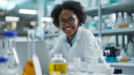 Happy black female chemist working on laptop in laboratory and looking at camera