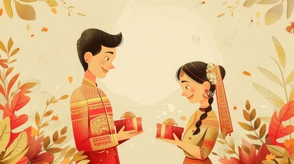 banner background National Bengali New Year (Poila Baisakh) Day theme, and wide copy space, A cute cartoon depiction of a Bengali couple in traditional attire, exchanging gifts and greetings