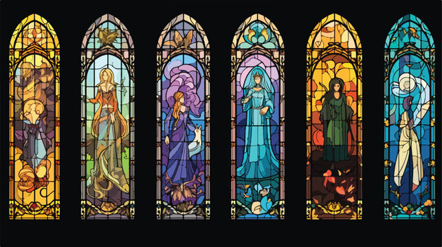 Set of stained glass elements with fairy tale chara