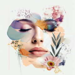 Beautiful young woman with flowers and paint splashes on her face