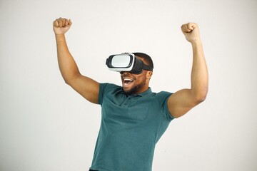 Black guy with virtual reality glasses isolated on white background