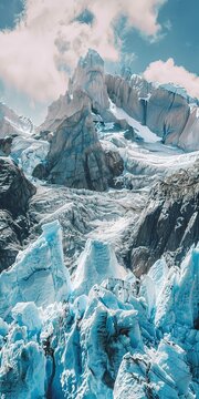 Mountain, Glaciers and Ice: Glaciers and icy landscapes found in mountainous areas. Close Up.