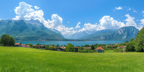 landscape mountain lack sky house, green grass, Sunny outdoor scene in German Alps, Bavaria, Germany,  Europe
