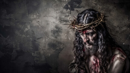 Portrait of Jesus Christ with crown of thorns on dark background - obrazy, fototapety, plakaty