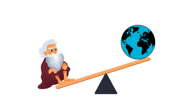 Ancient Greek mathematician Archimedes, lifting the earth globe in challenge concept, The lever is long enough and the center point to place and to move the world