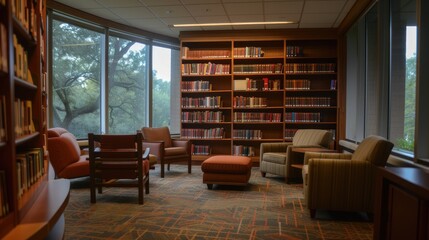 quiet and contemplative study rooms with comfortable seating, organized bookshelves, and conducive lighting, providing ideal environments