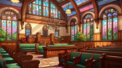 A Realistic and Detailed Interior of a Courtroom