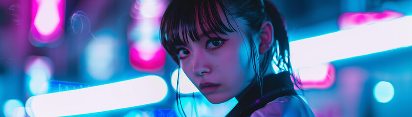 Asian woman in a blurry neon-lit alley with bokeh lights.