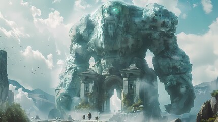 A towering golem constructed from shards of crystal and stone, its eyes glowing with an otherworldly energy as it stands guard over a hidden temple - obrazy, fototapety, plakaty