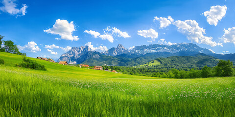 landscape mountain lack sky house, green grass, Sunny outdoor scene in German Alps, Bavaria, Germany,  Europe