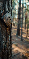 Trail marker on tree, close up, guiding way, forest backdrop 