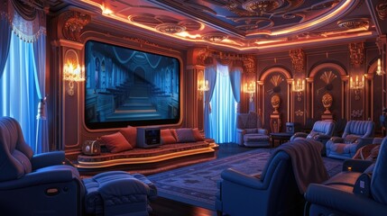 state-of-the-art home theater designs featuring acoustic treatments, mood lighting, and advanced multimedia technology, creating an immersive - obrazy, fototapety, plakaty
