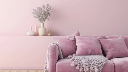Pastel pink interior design and furniture. Fresh and light livingroom of the lounge area. Salon with accent rose sofa. Modern mockup background and walls for art or decor. 3d rendering