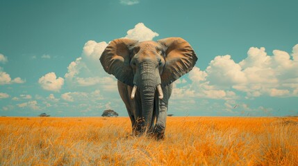   An elephant stands in a field of tall grass beneath a clear blue sky adorned with scattered puffy white clouds - obrazy, fototapety, plakaty