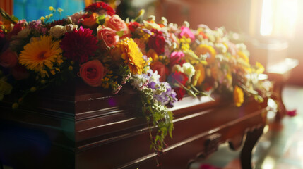 Casket decorated with flowers