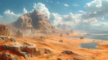 A vast desert landscape stretching out to the horizon, dotted with ancient ruins and half-buried artifacts from civilizations long forgotten - obrazy, fototapety, plakaty
