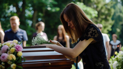 Woman crying near the coffin, funeral scene - obrazy, fototapety, plakaty