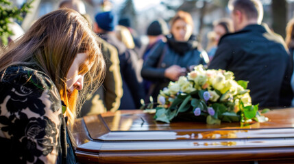 Woman crying near the coffin, funeral scene - obrazy, fototapety, plakaty