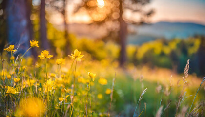 Golden hour dreamscape: A soft-focus field of wildflowers bathed in the warm hues of sunset