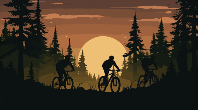 Silhouette design of cycling in a forest. vector illustration