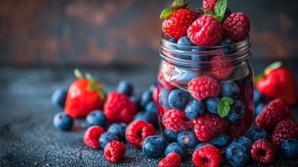 Jar Filled With Blueberries and Raspberries