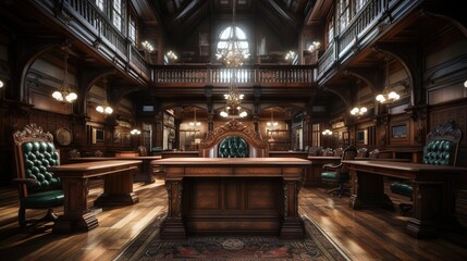 A Realistic and Detailed Interior of a Courtroom - obrazy, fototapety, plakaty