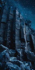 Basalt columns under stars, close up, geometric mystery, night sky 