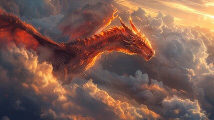 Sunlight filtering through the clouds, highlighting the contours of a dragon's wings as it soars against the azure sky - obrazy, fototapety, plakaty