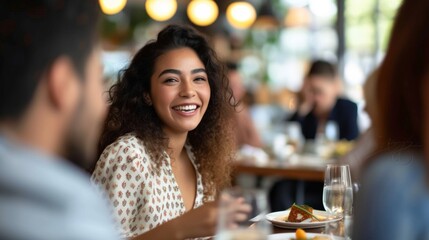 Happy entrepreneur talks to her coworkers during business lunch in restaurant