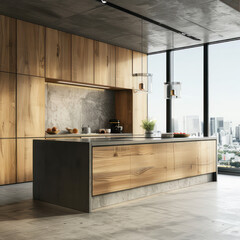 Modern and elegant kitchen, with black and wooden cupboards and big window with blinds
 - obrazy, fototapety, plakaty