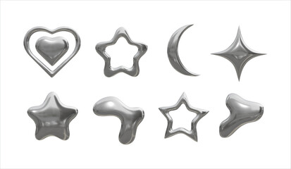 realistic 3D metal shapes set in y2k style on transparent background