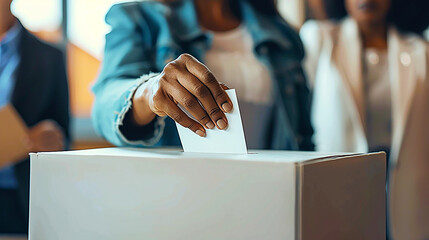 Naklejka premium Close-up image of hands voting in ballot box