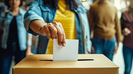 Close-up image of hands voting in ballot box