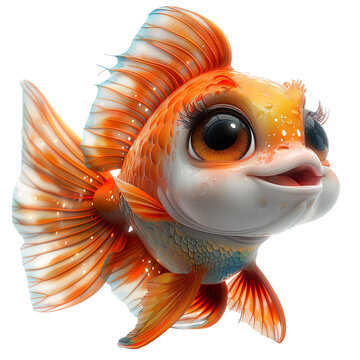 Angled view of a smiling 3D cartoon illustration of swimming vibrant Firefish isolated on a white transparent background.